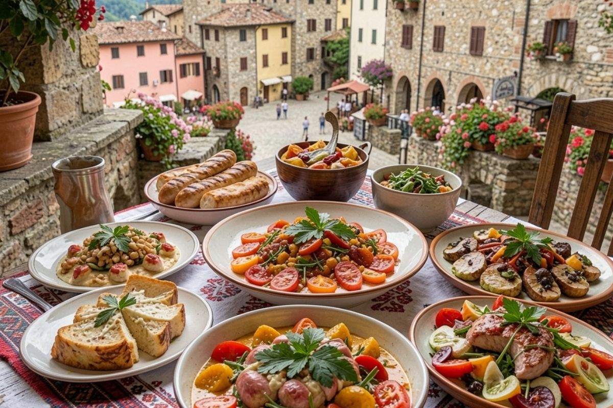 Scorcio di Cividale del Friuli con piatti tipici locali in evidenza