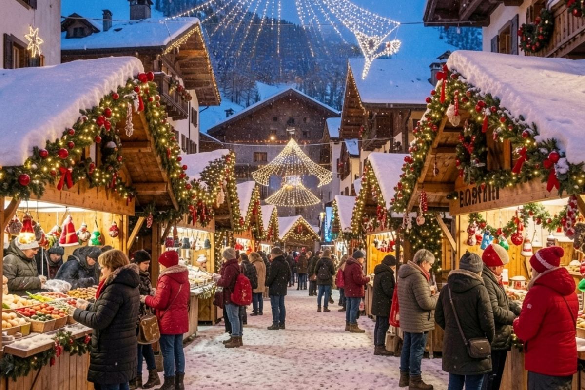 Mercatini di Natale a Sauris con luci e decorazioni festive
